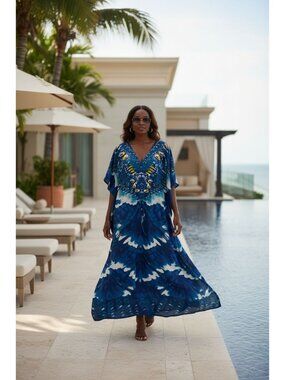 Boho Kaftan Dress Flowy Resort Lounge Caftan CoverUp Blue & Yellow Abstract